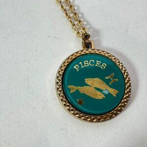 Vintage 70's Pisces Zodiac Pendant Necklace w/Gold Tone Chain